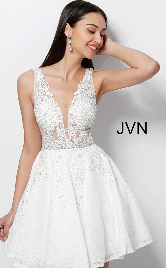 JVN45264 White V Neckline Fit and Flare Short Dress